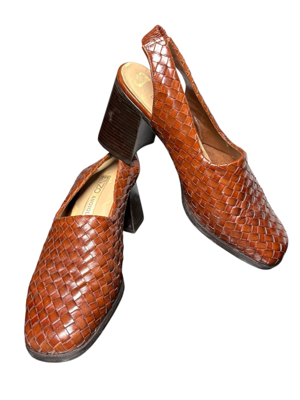 Enzo Angiolini Vintage Leather Woven Slingback Heels Brown 7 Brazil Pumps